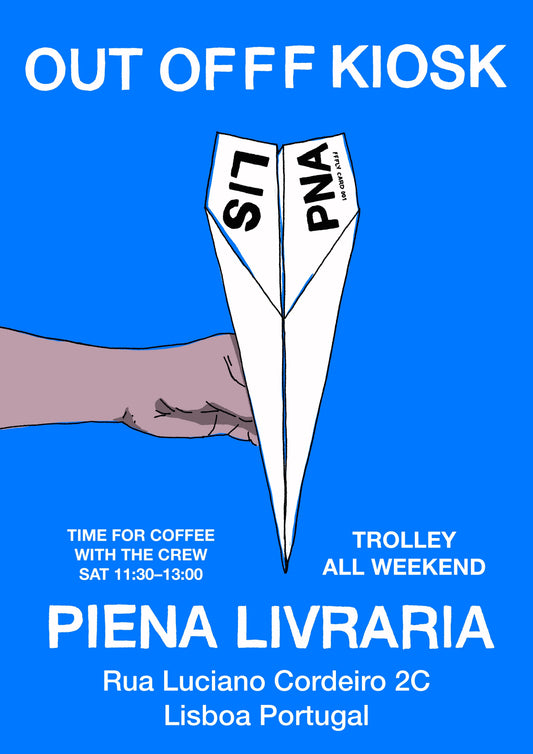OUT OF KIOSK event poster — a hand holding a paper plane labelled LIS PIA, 11 and 12 September, Piena Livraria,